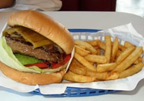 A hamburger and fries are on the table.