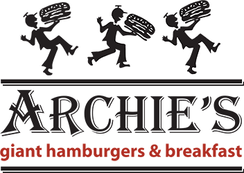 A black and white picture of the logo for archie 's hamburgers.